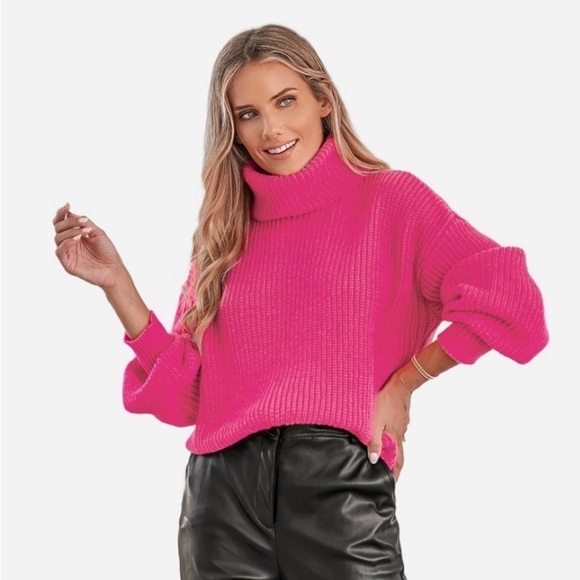 Women's Chunky Knit Turtleneck Long Sleeve Sweater -- Hot Pink - Picture 1 of 9